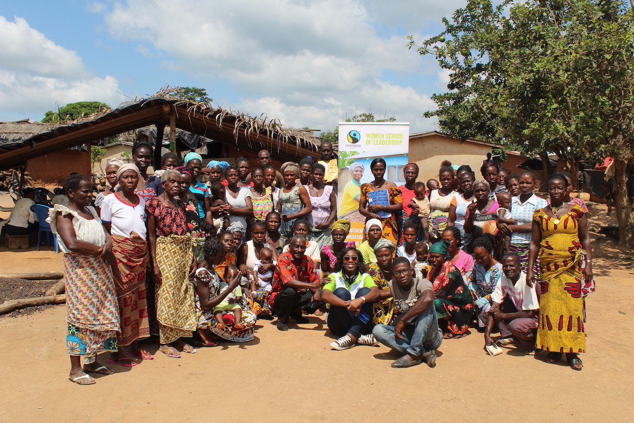 Photo from trainings for 2nd cohort of Women's School of Leadership in Cote d'Ivoire. July 2019-July 2020. 30 women and 10 men from 7 cooperatives in western Cote d'Ivoire participated in this programme. Cooperatives: SOCOOPAR, CAUD, CABF, SOCASIB (member of ECOOKIM union), CPRCANAAN, ECAM, SOCOOPEM.